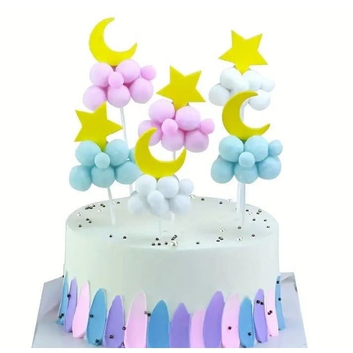 Starry Delights: Star & Moon Fur Ball Cake Topper for Festive Decor