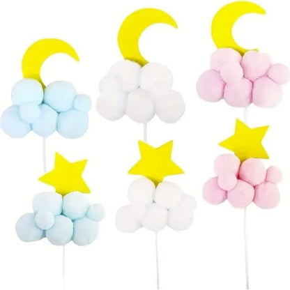 Starry Delights: Star & Moon Fur Ball Cake Topper for Festive Decor