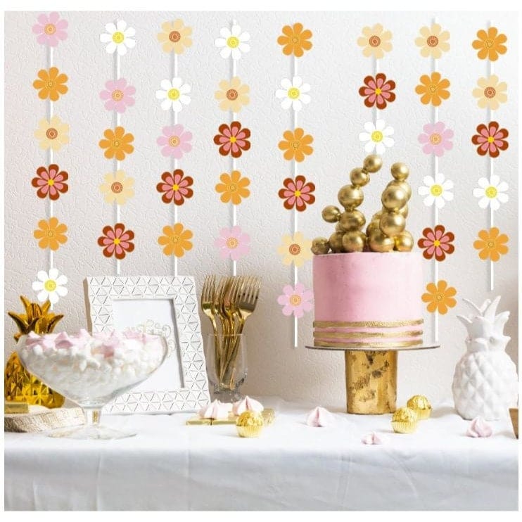 Daisy Groovy Boho Party Decor: Hanging Swirl Banners & Garland for Hippie Vibes, Daisy Themed Birthday, and Baby Shower
