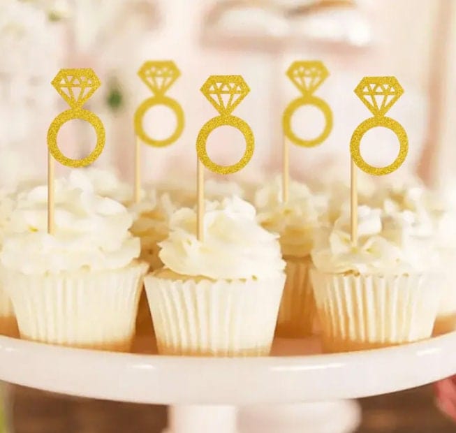 Gold Diamond Ring Cupcake Toppers, Glitter Bridal Shower, Ring Cupcake Picks, Wedding Engagement Anniversary Cake Decorations Supplies