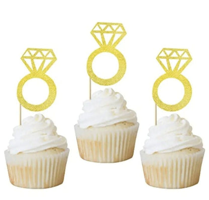 Gold Diamond Ring Cupcake Toppers, Glitter Bridal Shower, Ring Cupcake Picks, Wedding Engagement Anniversary Cake Decorations Supplies