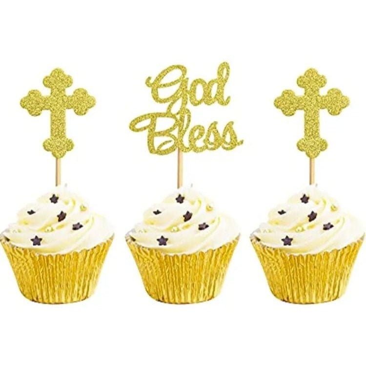 Golden Glitter Divine Cross Cupcake Inserts: Elevate Sacred Moments!