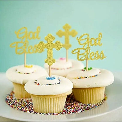 Golden Glitter Divine Cross Cupcake Inserts: Elevate Sacred Moments!