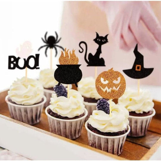 Halloween Cupcake Toppers: Witch Hat, Spider, Pumpkin, Ghost, Cat Picks.