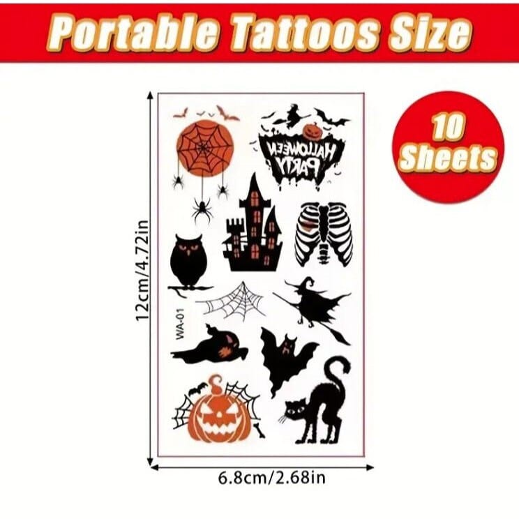 Halloween Tattoo Magic: 10 Sheets of Waterproof Stickers for Pumpkin, Ghost, and Monster Fun. Transform Your Look!