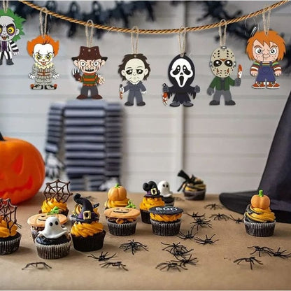 Horror Movie Halloween Ornaments: 8pcs Spooky Wooden Hangings!