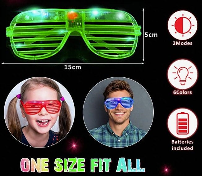 Neon Glow Glasses Set, LED glow glasses set includes 6 neon colors (red, purple, white, blue, green, and pink)