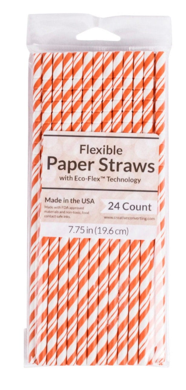 Orange paper straws that are flexible, eco-friendly, and great for Spring, Summer, Fall Pool Parties, BBQ's, and turtle safe!