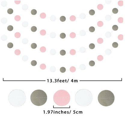 Pink, gray and white Garland Circle Dots, Colorful Paper Garland, Decorations Birthday, Baby Shower, Classroom, Party Supplies
