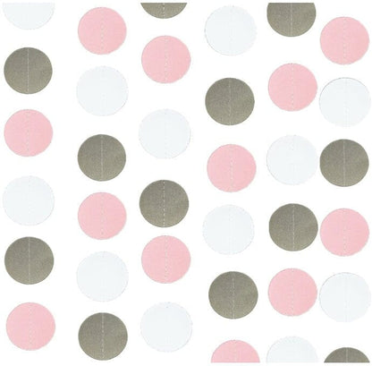 Pink, gray and white Garland Circle Dots, Colorful Paper Garland, Decorations Birthday, Baby Shower, Classroom, Party Supplies