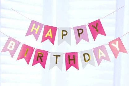 Hanging Pink white and light pink happy birthday banner with gold letters