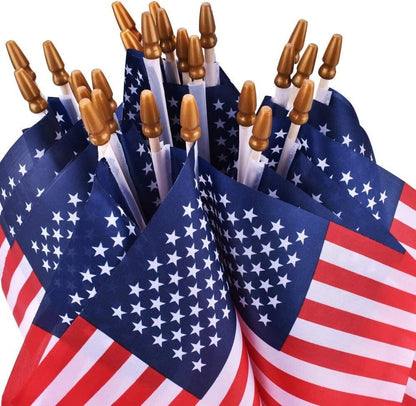 Small US American Handheld Flags, 5x8 Inch Golden Spear Tip, Stick Flags to line driveway, hold in patriot parade, or give to veterans!
