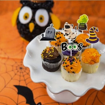 Spooky Halloween Cake Topper: 12pcs Paper Cup Flags with Pumpkin, Spider, Witch!