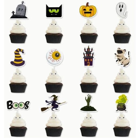 Spooky Halloween Cake Topper: 12pcs Paper Cup Flags with Pumpkin, Spider, Witch!