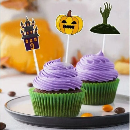 Spooky Halloween Cake Topper: 12pcs Paper Cup Flags with Pumpkin, Spider, Witch!