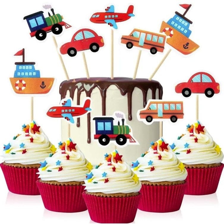 Car, Train, Plane, boat and bus image on pick on cupcakes and cake