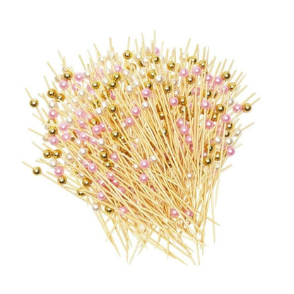 pink gold and silver pearls on bamboo sticks